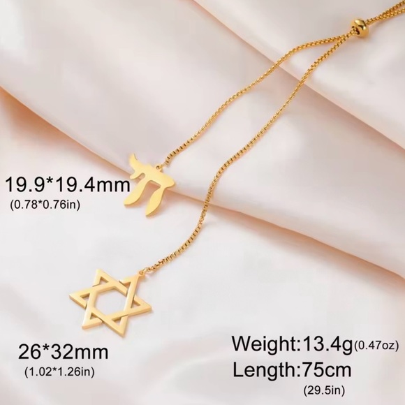 Stainless Star of David and Chai adjustable Bolo Necklace in Gold or Silver - Picture 4 of 5